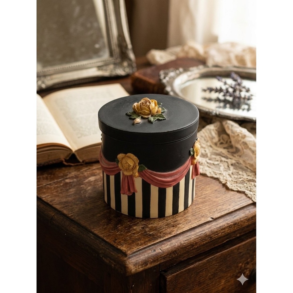 VTG Sandy Clough "Laura" whimsical striped resin trinket box Stripes Yellow Rose